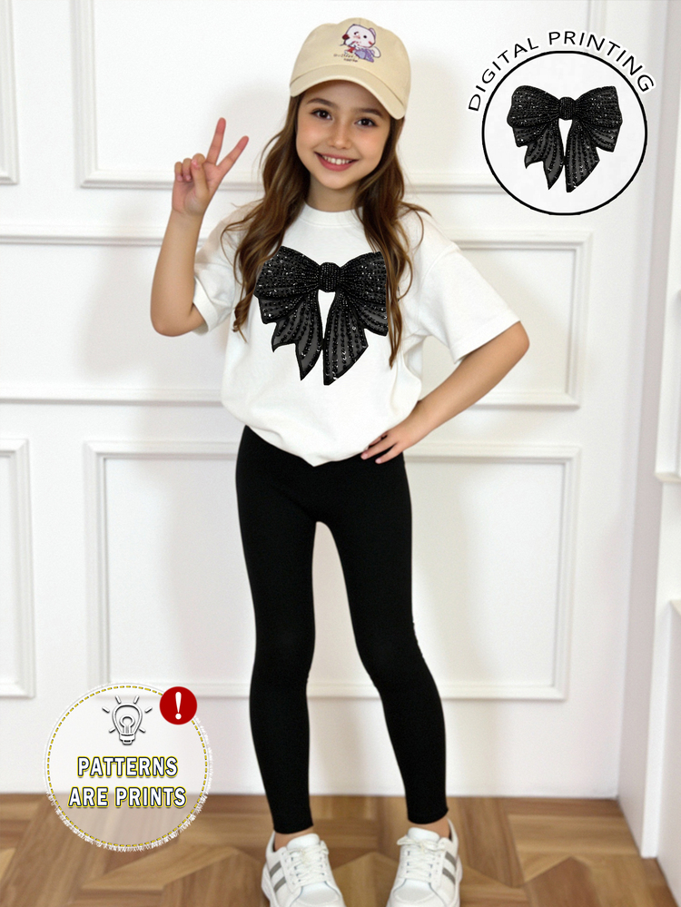 SHEIN Tween Girl Black And White Summer Casual Cute School Fashion Shiny Bow Graphic Print Relaxed T-Shirt And Leggings Set,Comfortable Daily Wear Outfit - Multicolor - View 4