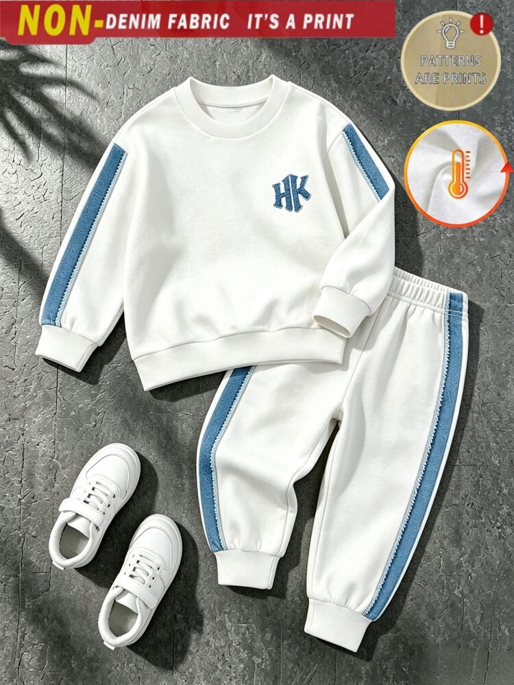 SHEIN Baby Boys Fall Off-White Sweatsuit Blue Side Stripe Letter Print Loose Long Sleeve Set Casual Back To School Sporty Outfits - Multicolor - View 2