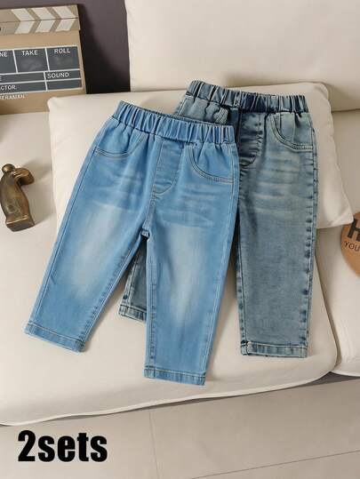 SHEIN Vintaside Kids 2件裝嬰兒男寶寶長版牛仔牛仔褲 開學季幼兒長褲 秋季童裝 3個月至3歲適用 藍色/深藍色 柔軟版型