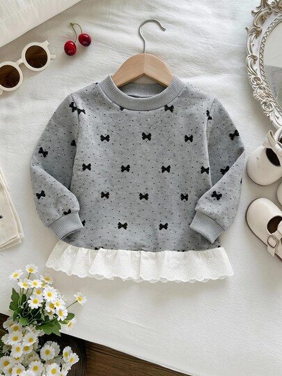 SHEIN Vintaside Kids 女嬰時尚刺繡波點蝴蝶結印花荷葉邊下擺運動衫 秋季畢業深灰色可愛女嬰