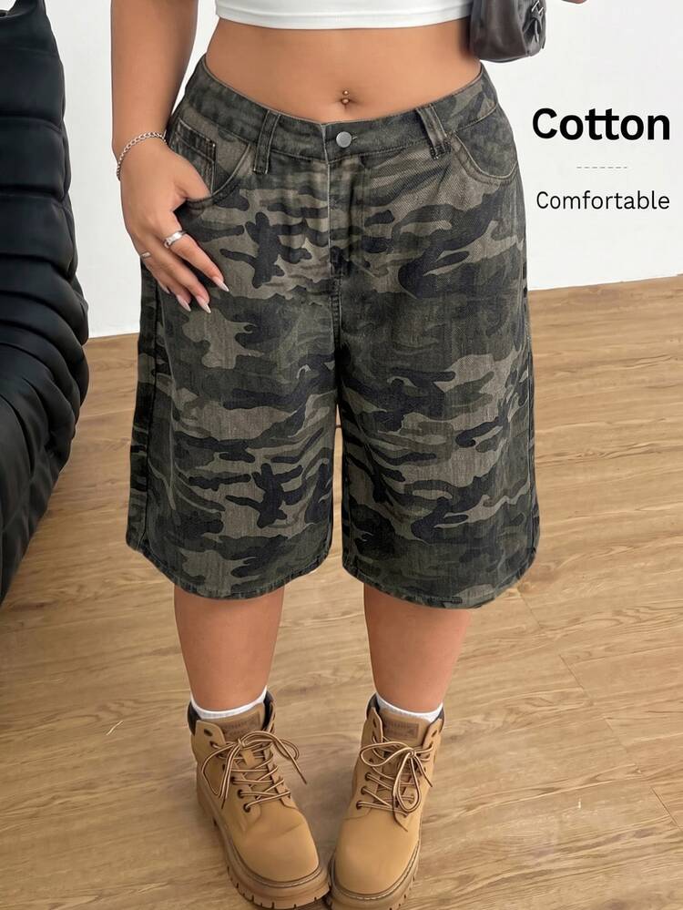 Muchica Plus Size Women's Camouflage Casual Traditional 80s 90s Loose Fit Capri Pants With Pockets Olive Green Summer - Multicolor - View 3