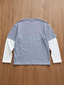 SWAVVY Men's Knitted Fashion Casual Young Loose Long Sleeve T-Shirt With English Print Patchwork - Blue - View 3
