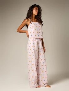 AiiRZ Printed Linen Feel Pajama Set With Cami Top And Wide-Leg Pants Fruit Print Striped Lounge Co-Ord - Pink - View 5
