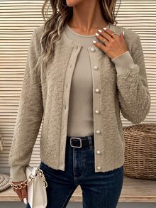 Holdful Holdful Setelan 2 Potong Wanita: Kardigan Rajut Lengan Panjang Kerah Bulat Kancing Depan Bahan Bertekstur Nyaman dan Kasual serta Tank Top Pas Badan, Musim Gugur/Dingin - Khaki - View 4