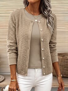 Holdful Holdful Setelan 2 Potong Wanita: Kardigan Rajut Lengan Panjang Kerah Bulat Kancing Depan Bahan Bertekstur Nyaman dan Kasual serta Tank Top Pas Badan, Musim Gugur/Dingin - Khaki - View 3