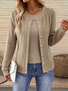 Holdful Holdful Setelan 2 Potong Wanita: Kardigan Rajut Lengan Panjang Kerah Bulat Kancing Depan Bahan Bertekstur Nyaman dan Kasual serta Tank Top Pas Badan, Musim Gugur/Dingin - Khaki - View 5