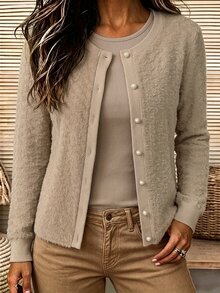 Holdful Holdful Setelan 2 Potong Wanita: Kardigan Rajut Lengan Panjang Kerah Bulat Kancing Depan Bahan Bertekstur Nyaman dan Kasual serta Tank Top Pas Badan, Musim Gugur/Dingin - Khaki - View 1