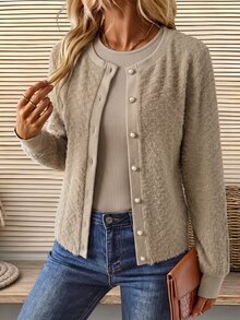 Holdful Holdful Setelan 2 Potong Wanita: Kardigan Rajut Lengan Panjang Kerah Bulat Kancing Depan Bahan Bertekstur Nyaman dan Kasual serta Tank Top Pas Badan, Musim Gugur/Dingin - Khaki - View 6