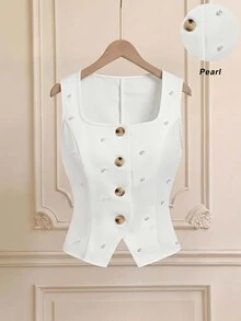 SHEIN MOD 女款白色細肩帶背心上衣 方領前襟仿珍珠鈕扣式西裝外套 職場早午餐商務茶會辦公室秋季優雅休閒婚禮 - 杏色 - 查看 1
