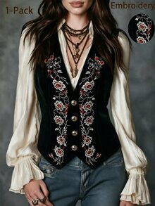 LUMIGAL Women's Black Embroidered Sleeveless Waist-Cinching Short Jacket - Black - View 1