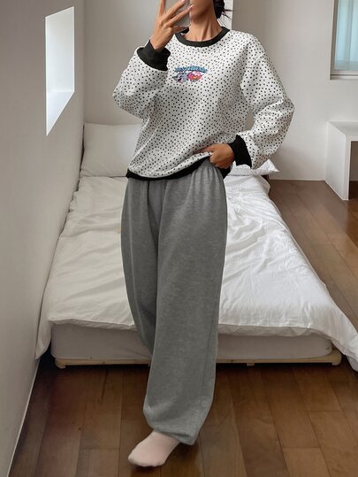 TOM AND JERRY X DAZY Completo pigiama casual da donna con top a maniche lunghe e pantaloni, stampa a pois, lettere e cartoni animati, per uso quotidiano e domestico
