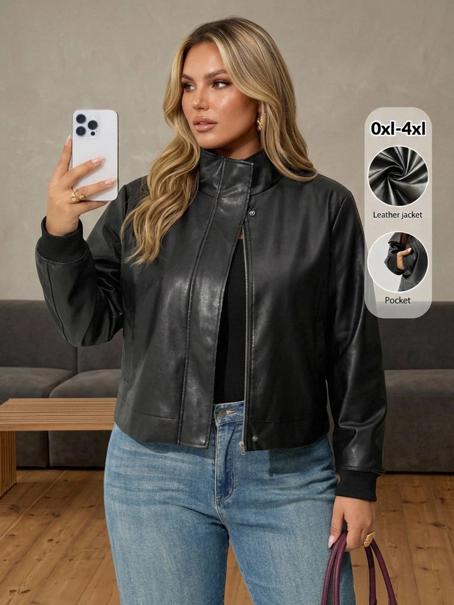 Auralis Black Plus Size Long Sleeve Ribbed Cuff Patchwork Pocket Modern Personalized Stand Collar Zipper PU Jacket Coat For Women Fall/Winter Going Out Jacket