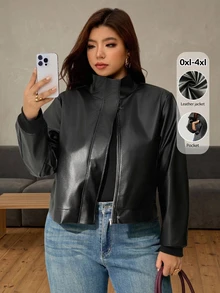 Auralis Black Plus Size Long Sleeve Ribbed Cuff Patchwork Pocket Modern Personalized Stand Collar Zipper PU Jacket Coat For Women Fall/Winter Going Out Jacket - Black - View 8