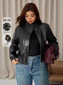 Auralis Black Plus Size Long Sleeve Ribbed Cuff Patchwork Pocket Modern Personalized Stand Collar Zipper PU Jacket Coat For Women Fall/Winter Going Out Jacket - Black - View 5