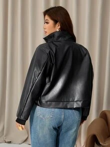 Auralis Black Plus Size Long Sleeve Ribbed Cuff Patchwork Pocket Modern Personalized Stand Collar Zipper PU Jacket Coat For Women Fall/Winter Going Out Jacket - Black - View 4