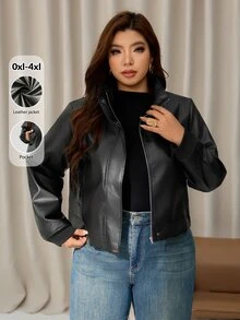 Auralis Black Plus Size Long Sleeve Ribbed Cuff Patchwork Pocket Modern Personalized Stand Collar Zipper PU Jacket Coat For Women Fall/Winter Going Out Jacket - Black - View 6