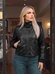 Auralis Black Plus Size Long Sleeve Ribbed Cuff Patchwork Pocket Modern Personalized Stand Collar Zipper PU Jacket Coat For Women Fall/Winter Going Out Jacket - Black - View 7