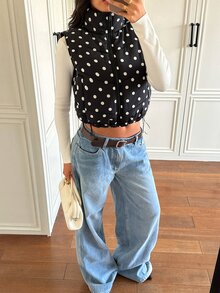 SHEIN EZwear 黑色波點編織無袖女款冬季外套 - 黑色 - 查看 4