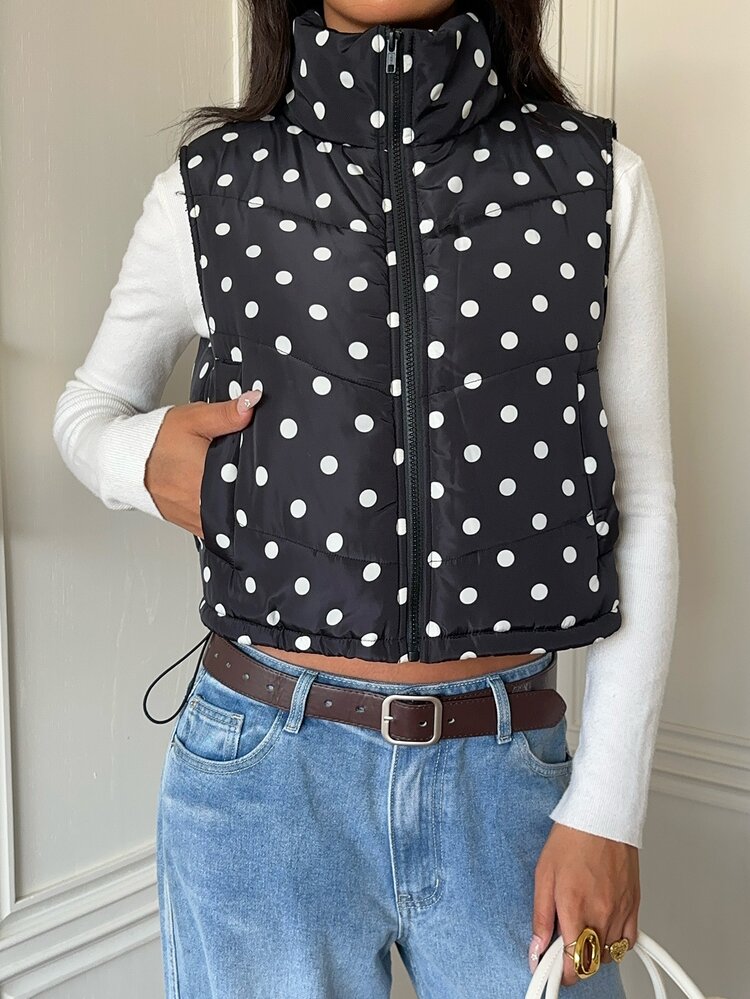 SHEIN EZwear معطف شتوي نسائي منسوج بدون أكمام بنقاط سوداء - الأسود - مشاهدة 6