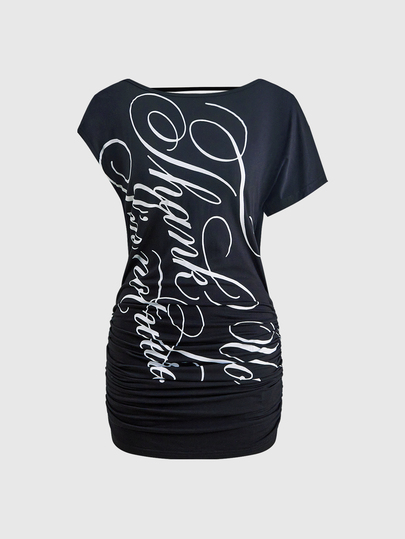 Sommerliches lässiges Y2K-Party-Kleid für Damen mit asymmetrischem Ausschnitt, rückenfrei, Cowl-Neck, Metallkette, Schlitz und Buchstabe Muster