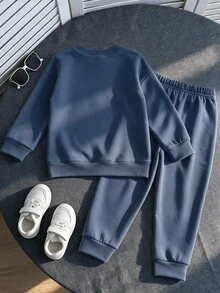 SHEIN 兒童隨機 3 件套（含 1 件藍灰色拼接套裝）經典休閒時尚圓領衛衣與秋季長褲套裝，適用於幼兒與幼童 - 彩色 - 查看 2