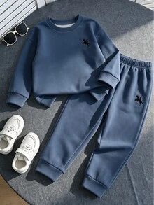 SHEIN 兒童隨機 3 件套（含 1 件藍灰色拼接套裝）經典休閒時尚圓領衛衣與秋季長褲套裝，適用於幼兒與幼童 - 彩色 - 查看 5