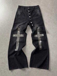 ROMWE MEN Pantalones acampanados de moda para hombre con botones de metal decorados con strass lavados - Negro - Ver 1