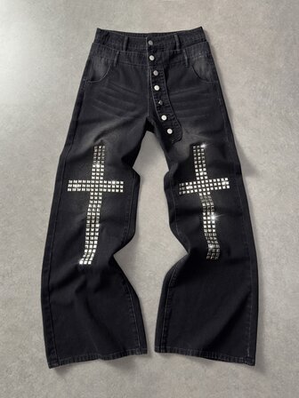 Men's Washed Rhinestone Decorated Metal Button Fashion Flare Pants