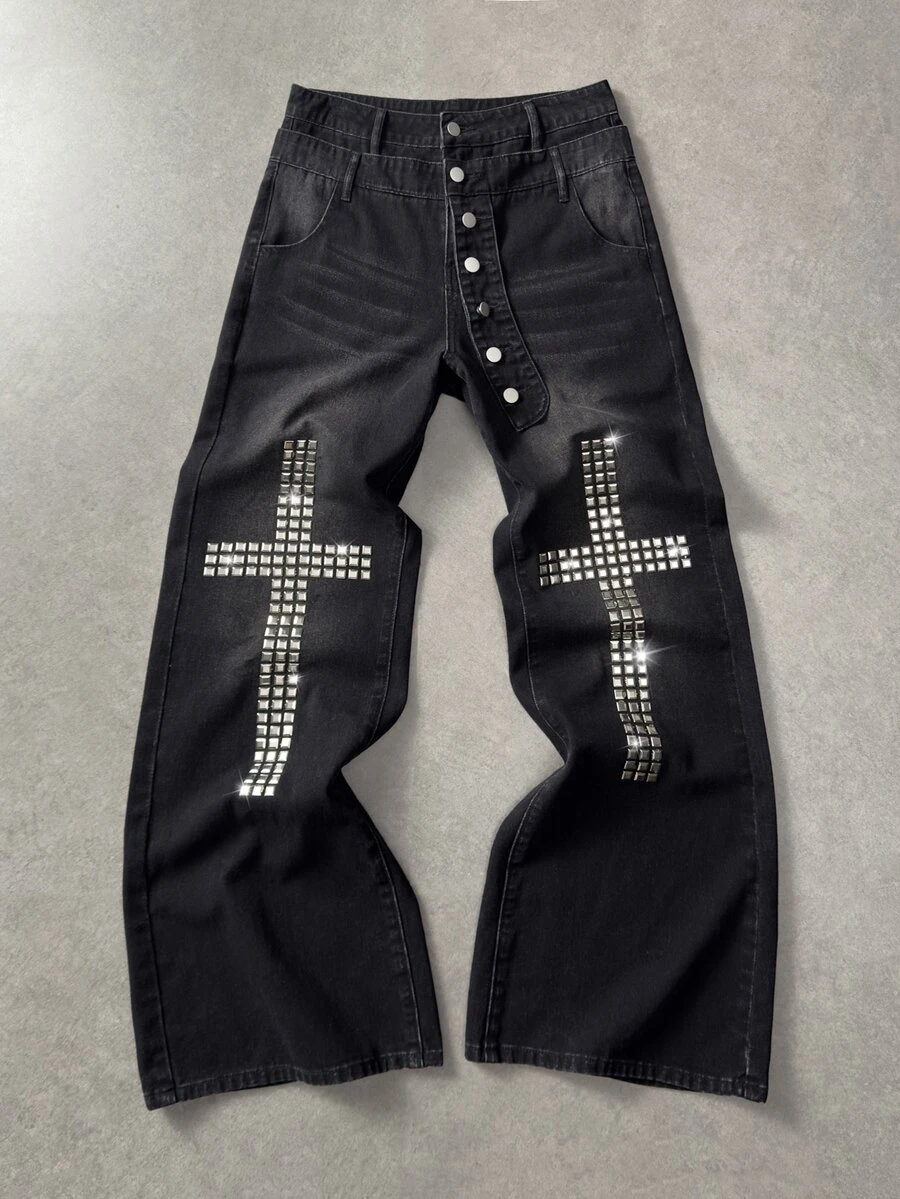 ROMWE MEN Pantalones acampanados de moda para hombre con botones de metal decorados con strass lavados - Negro - Ver 1