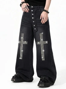 ROMWE MEN Pantalones acampanados de moda para hombre con botones de metal decorados con strass lavados - Negro - Ver 8