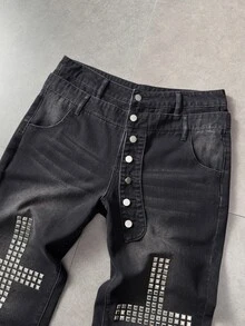 ROMWE MEN Pantalones acampanados de moda para hombre con botones de metal decorados con strass lavados - Negro - Ver 7