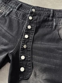 ROMWE MEN Pantalones acampanados de moda para hombre con botones de metal decorados con strass lavados - Negro - Ver 6