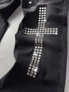 ROMWE MEN Pantalones acampanados de moda para hombre con botones de metal decorados con strass lavados - Negro - Ver 3