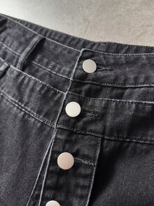 ROMWE MEN Pantalones acampanados de moda para hombre con botones de metal decorados con strass lavados - Negro - Ver 4