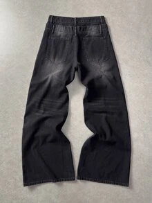 ROMWE MEN Pantalones acampanados de moda para hombre con botones de metal decorados con strass lavados - Negro - Ver 2