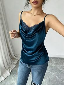 SHEIN ChicEase 天鵝絨面料春夏新款純色通勤內搭底層外穿蕾絲拼接細肩帶背心 美式辣妹 Y2K 坦克背心 - 藍色 - 查看 3