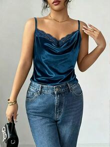 SHEIN ChicEase 天鵝絨面料春夏新款純色通勤內搭底層外穿蕾絲拼接細肩帶背心 美式辣妹 Y2K 坦克背心 - 藍色 - 查看 5