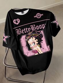 Betty Boop x SHEIN Áo thun nữ tay ngắn in chữ và hoạt hình, phong cách thường ngày, đa năng, mặc hàng ngày - trắng - Xem 1
