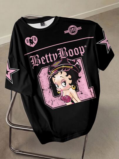 Betty Boop x SHEIN Women's Letter Cartoon Print Casual Versatile Daily Short Sleeve T-Shirt
