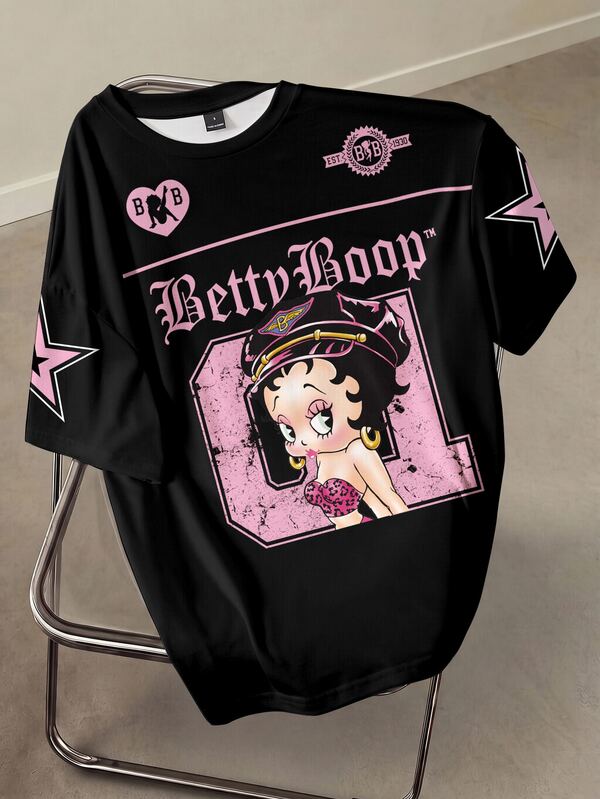 Betty Boop x SHEIN Áo thun nữ tay ngắn in chữ và hoạt hình, phong cách thường ngày, đa năng, mặc hàng ngày