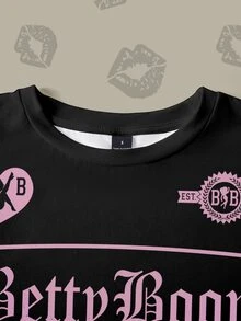 Betty Boop x SHEIN Áo thun nữ tay ngắn in chữ và hoạt hình, phong cách thường ngày, đa năng, mặc hàng ngày - trắng - Xem 4