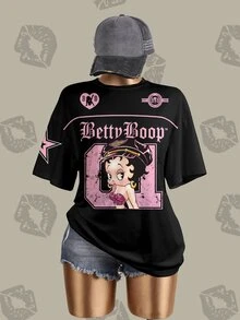 Betty Boop x SHEIN Áo thun nữ tay ngắn in chữ và hoạt hình, phong cách thường ngày, đa năng, mặc hàng ngày - trắng - Xem 3