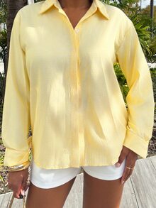 Alexandranx Kemeja Lengan Panjang Kasual Kancing Depan Motif Garis-garis - Kuning - View 6