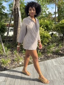 Alexandranx 简约复古通勤休闲舒适亚麻条纹单扣袖子可卷起女士西装外套美拉德风格休闲春季 - 摩卡棕 - 查看 5