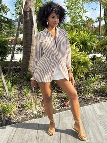 Alexandranx 简约复古通勤休闲舒适亚麻条纹单扣袖子可卷起女士西装外套美拉德风格休闲春季 - 摩卡棕 - 查看 4