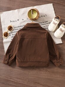 SHEIN 男嬰鈕扣翻領翻蓋口袋長袖襯衫外套，適合上學、休閒、度假、運動、日常，秋季，6M-3T，男嬰服飾，幼兒服飾，嬰兒服裝，幼兒外套，幼兒上衣 - 咖啡棕 - 查看 3