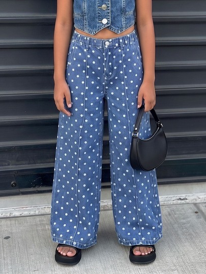 SHEIN Tween Girl 1pc Polka Dot Print Seam Front Wide Leg Jeans