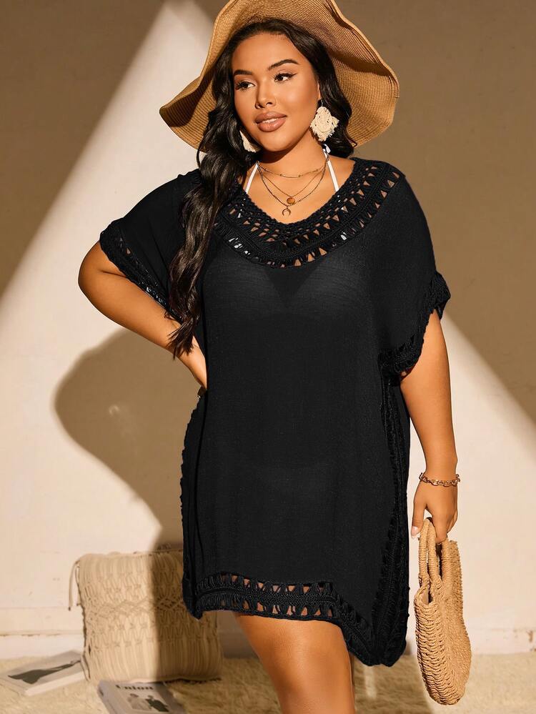 Swim Lushoire Plus Size Women's Solid Color Loose Beach Vacation Cover-Up Black Summer Boho - Black - View 4