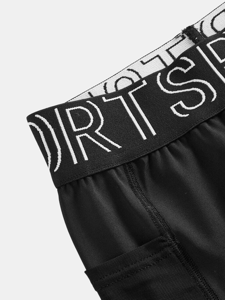SHEIN Tween Girl Autumn/Winter Black Letter Waistband Elastic Soft Side Pocket Sports Long Pants, Suitable For , Black - Black - View 3