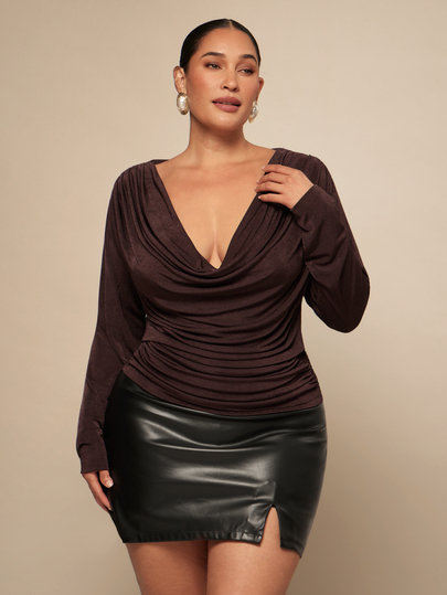 SHEIN BAE CURVE Plus Size Women's Cowl Neck Long Sleeve Top, Elegant Blouse